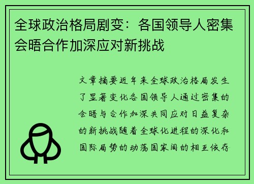全球政治格局剧变：各国领导人密集会晤合作加深应对新挑战