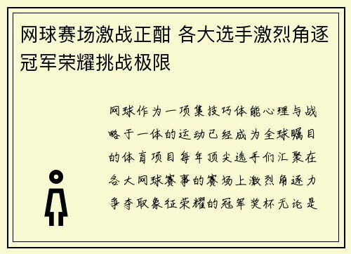 网球赛场激战正酣 各大选手激烈角逐冠军荣耀挑战极限