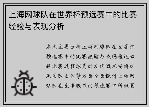 上海网球队在世界杯预选赛中的比赛经验与表现分析