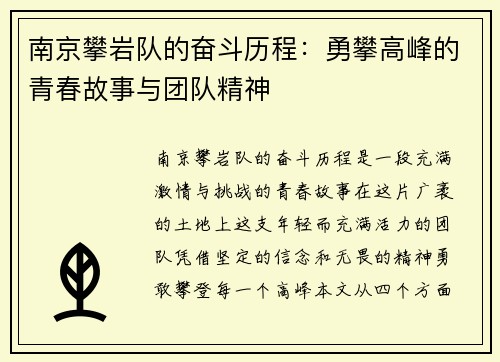 南京攀岩队的奋斗历程：勇攀高峰的青春故事与团队精神